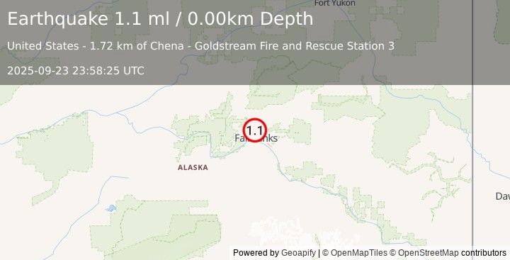 Earthquake 4 km NW of Farmers Loop, Alaska (1.1 ml) (2025-09-23 23:58:25 UTC)