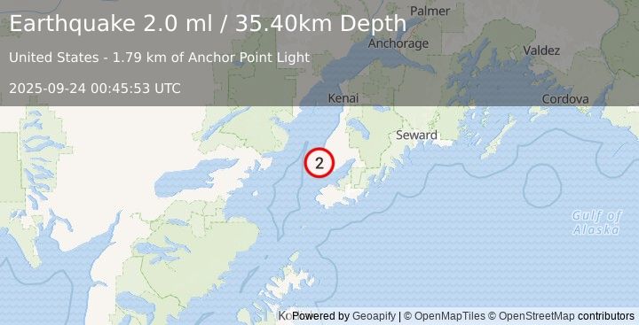 Earthquake 2 km SSW of Anchor Point, Alaska (2.0 ml) (2025-09-24 00:45:53 UTC)