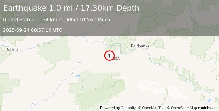 Earthquake 39 km W of Four Mile Road, Alaska (1.0 ml) (2025-09-24 00:57:10 UTC)