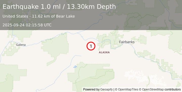 Earthquake 36 km SSW of Manley Hot Springs, Alaska (1.0 ml) (2025-09-24 02:15:58 UTC)