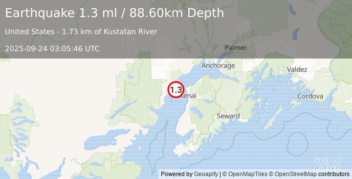 Earthquake 27 km WNW of Salamatof, Alaska (1.3 ml) (2025-09-24 03:05:46 UTC)