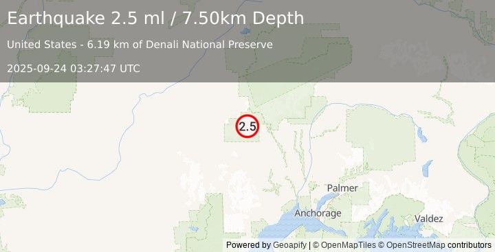 Earthquake 71 km W of Petersville, Alaska (2.5 ml) (2025-09-24 03:27:47 UTC)