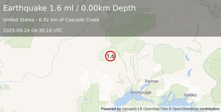 Earthquake 61 km NW of Skwentna, Alaska (1.6 ml) (2025-09-24 04:30:16 UTC)