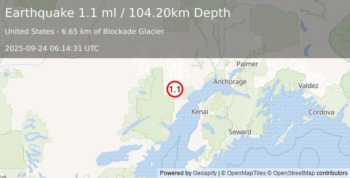 Earthquake 67 km W of Tyonek, Alaska (1.1 ml) (2025-09-24 06:14:31 UTC)
