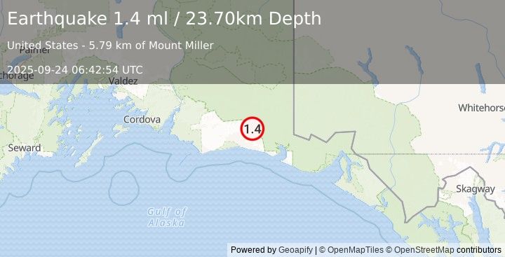 Earthquake 120 km SSE of McCarthy, Alaska (1.4 ml) (2025-09-24 06:42:54 UTC)
