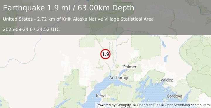 Earthquake 25 km ENE of Skwentna, Alaska (1.9 ml) (2025-09-24 07:24:52 UTC)