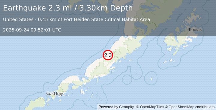 Earthquake 54 km NNW of Chignik Lagoon, Alaska (2.3 ml) (2025-09-24 09:52:01 UTC)