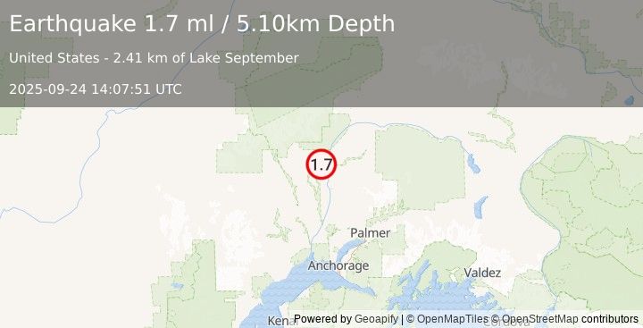 Earthquake 9 km NNW of Trapper Creek, Alaska (1.7 ml) (2025-09-24 14:07:51 UTC)