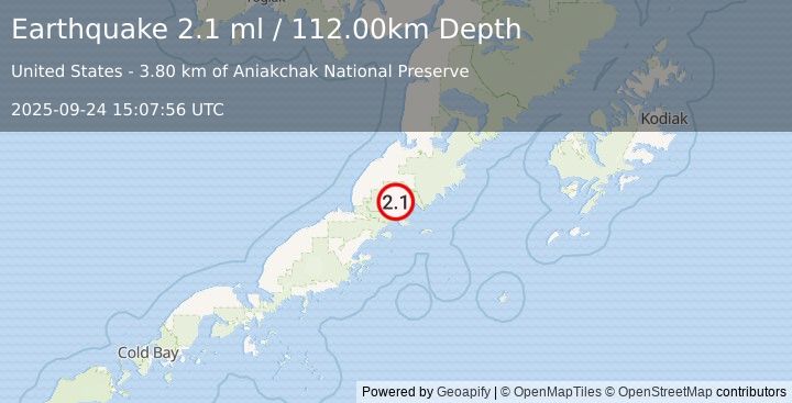 Earthquake 72 km SSW of Ugashik, Alaska (2.1 ml) (2025-09-24 15:07:56 UTC)