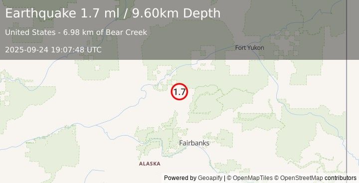 Earthquake 29 km NNE of Livengood, Alaska (1.7 ml) (2025-09-24 19:07:48 UTC)