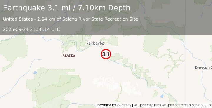 Earthquake 3 km S of Salcha, Alaska (3.1 ml) (2025-09-24 21:58:14 UTC)