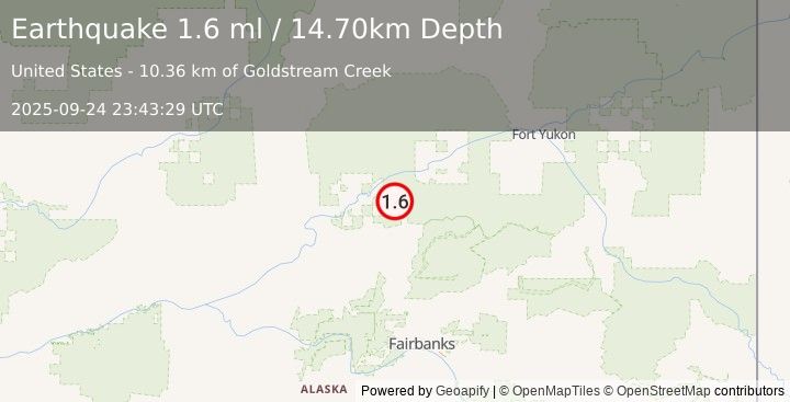 Earthquake 38 km E of Stevens Village, Alaska (1.6 ml) (2025-09-24 23:43:29 UTC)