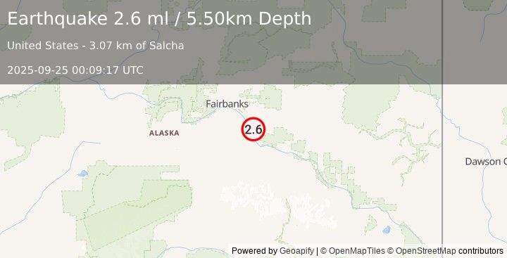 Earthquake 3 km S of Salcha, Alaska (2.6 ml) (2025-09-25 00:09:17 UTC)