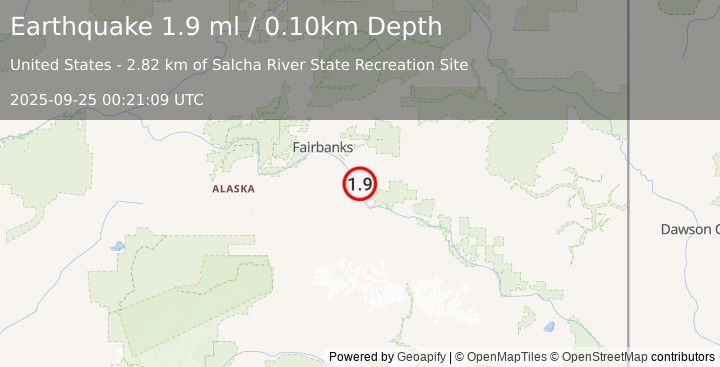 Earthquake 3 km S of Salcha, Alaska (1.9 ml) (2025-09-25 00:21:09 UTC)