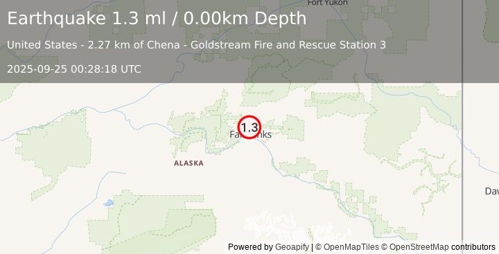 Earthquake 3 km NW of Farmers Loop, Alaska (1.3 ml) (2025-09-25 00:28:18 UTC)