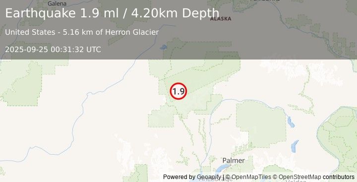 Earthquake 58 km S of Denali National Park, Alaska (1.9 ml) (2025-09-25 00:31:32 UTC)