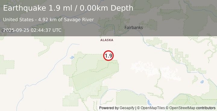 Earthquake 22 km WSW of Ferry, Alaska (1.9 ml) (2025-09-25 02:44:37 UTC)