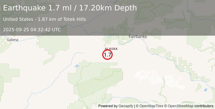 Earthquake 36 km W of Clear, Alaska (1.7 ml) (2025-09-25 04:32:42 UTC)
