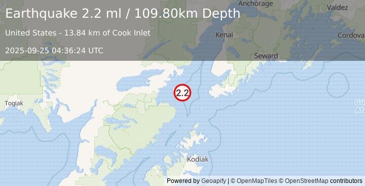 Earthquake 65 km W of Nanwalek, Alaska (2.2 ml) (2025-09-25 04:36:24 UTC)