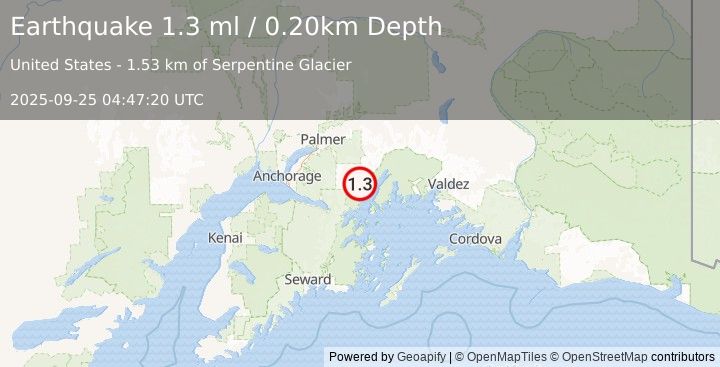 Earthquake 45 km NNE of Whittier, Alaska (1.3 ml) (2025-09-25 04:47:20 UTC)