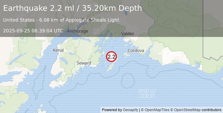Earthquake 41 km NE of Chenega, Alaska (2.2 ml) (2025-09-25 06:39:04 UTC)