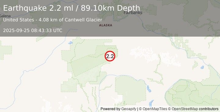 Earthquake 22 km WNW of Cantwell, Alaska (2.2 ml) (2025-09-25 08:43:33 UTC)