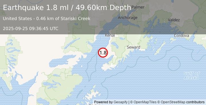 Earthquake 6 km SSW of Happy Valley, Alaska (1.8 ml) (2025-09-25 09:36:45 UTC)