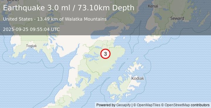 Earthquake 77 km S of Kokhanok, Alaska (3.0 ml) (2025-09-25 09:55:04 UTC)