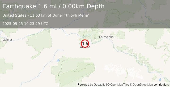 Earthquake 27 km W of Four Mile Road, Alaska (1.6 ml) (2025-09-25 10:23:29 UTC)
