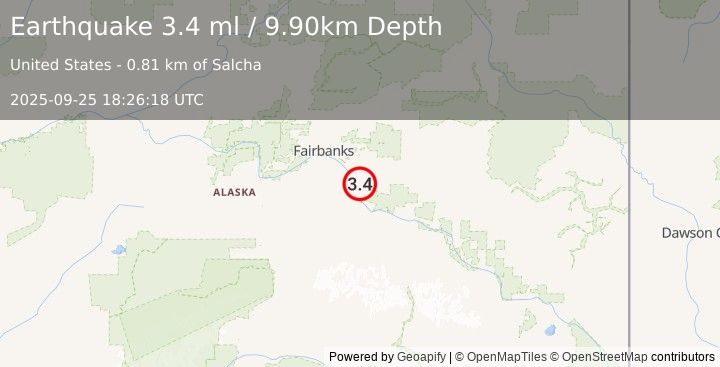 Earthquake 0 km WNW of Salcha, Alaska (3.4 ml) (2025-09-25 18:26:18 UTC)
