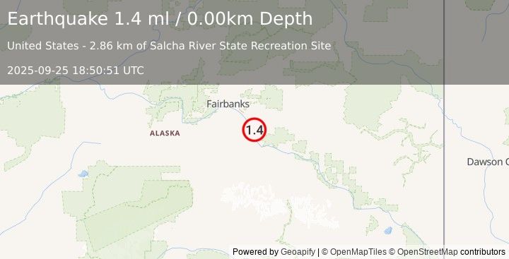 Earthquake 3 km S of Salcha, Alaska (1.4 ml) (2025-09-25 18:50:51 UTC)