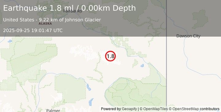Earthquake 31 km SSW of Dry Creek, Alaska (1.8 ml) (2025-09-25 19:01:47 UTC)