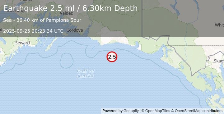 Earthquake 181 km SE of Cordova, Alaska (2.5 ml) (2025-09-25 20:23:34 UTC)