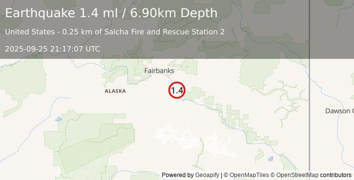 Earthquake 6 km S of Salcha, Alaska (1.4 ml) (2025-09-25 21:17:07 UTC)