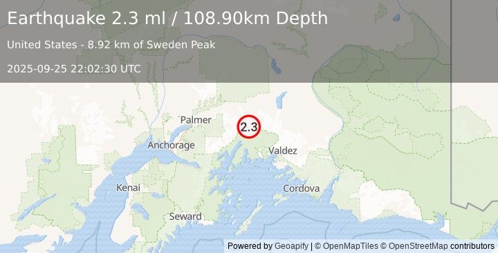 Earthquake 36 km SSE of Glacier View, Alaska (2.3 ml) (2025-09-25 22:02:30 UTC)