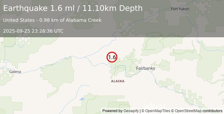 Earthquake 31 km NE of Manley Hot Springs, Alaska (1.6 ml) (2025-09-25 23:28:36 UTC)