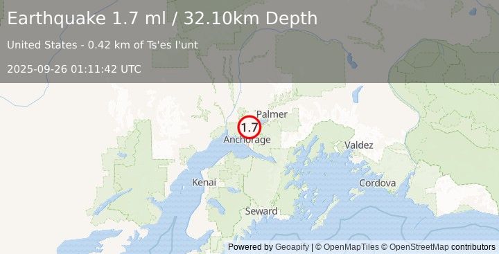 Earthquake 7 km SW of Knik, Alaska (1.7 ml) (2025-09-26 01:11:42 UTC)