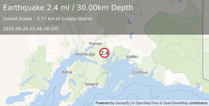 Earthquake 33 km SE of Knik River, Alaska (2.4 ml) (2025-09-26 02:46:28 UTC)