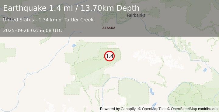 Earthquake 38 km WNW of Cantwell, Alaska (1.4 ml) (2025-09-26 02:56:08 UTC)