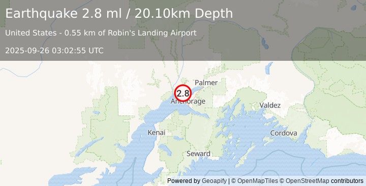 Earthquake 7 km WNW of Point MacKenzie, Alaska (2.8 ml) (2025-09-26 03:02:55 UTC)