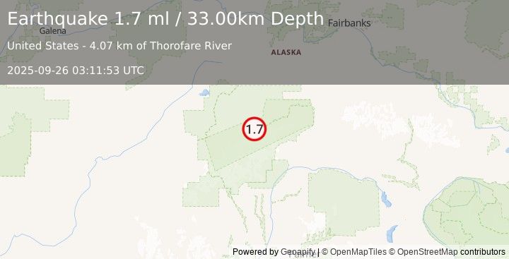Earthquake 55 km ESE of Denali National Park, Alaska (1.7 ml) (2025-09-26 03:11:53 UTC)
