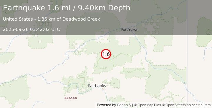Earthquake 61 km SSE of Beaver, Alaska (1.6 ml) (2025-09-26 03:42:02 UTC)