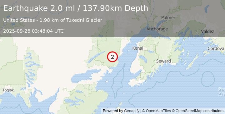 Earthquake 71 km E of Port Alsworth, Alaska (2.0 ml) (2025-09-26 03:48:04 UTC)