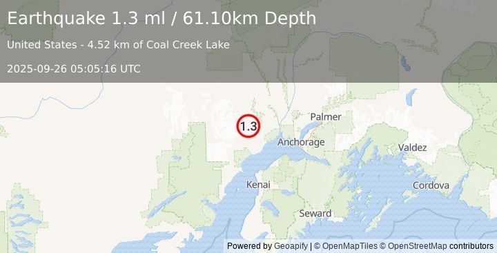 Earthquake 43 km NW of Beluga, Alaska (1.3 ml) (2025-09-26 05:05:16 UTC)