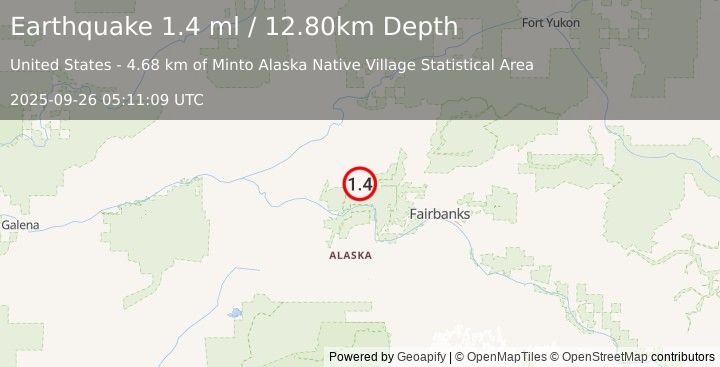 Earthquake 6 km SW of Minto, Alaska (1.4 ml) (2025-09-26 05:11:09 UTC)