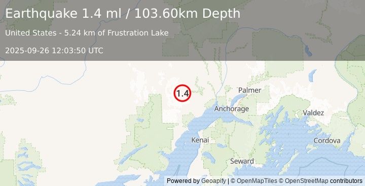 Earthquake 60 km SSW of Skwentna, Alaska (1.4 ml) (2025-09-26 12:03:50 UTC)