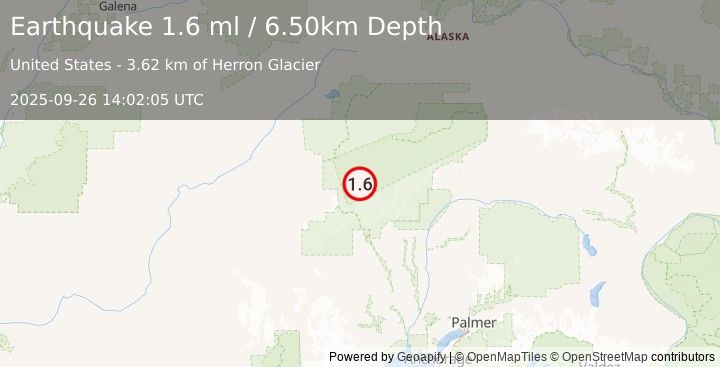 Earthquake 58 km S of Denali National Park, Alaska (1.6 ml) (2025-09-26 14:02:05 UTC)
