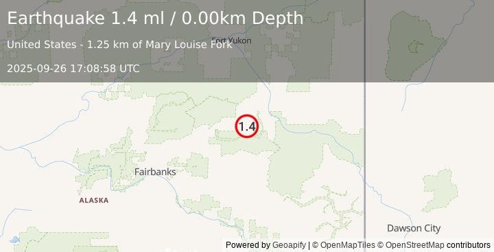 Earthquake 13 km S of Central, Alaska (1.4 ml) (2025-09-26 17:08:58 UTC)