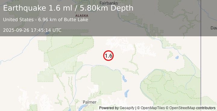 Earthquake 66 km ESE of Cantwell, Alaska (1.6 ml) (2025-09-26 17:45:14 UTC)