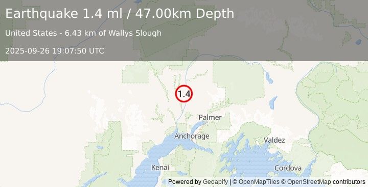 Earthquake 21 km WSW of Susitna North, Alaska (1.4 ml) (2025-09-26 19:07:50 UTC)